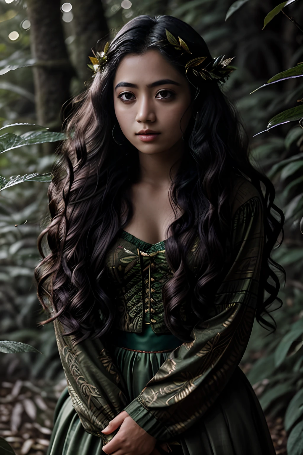 Portrait in forest, mother nature style leaves, long curly hair, dreamlike, young woman, indonesian, UHD, forest goddess, fairy, dark green clothing, forest, falling leaves, particles, best quality, pose, upper body, looking at the viewer, tetroilluminated, rimlight, beautiful artwork, perfect composition