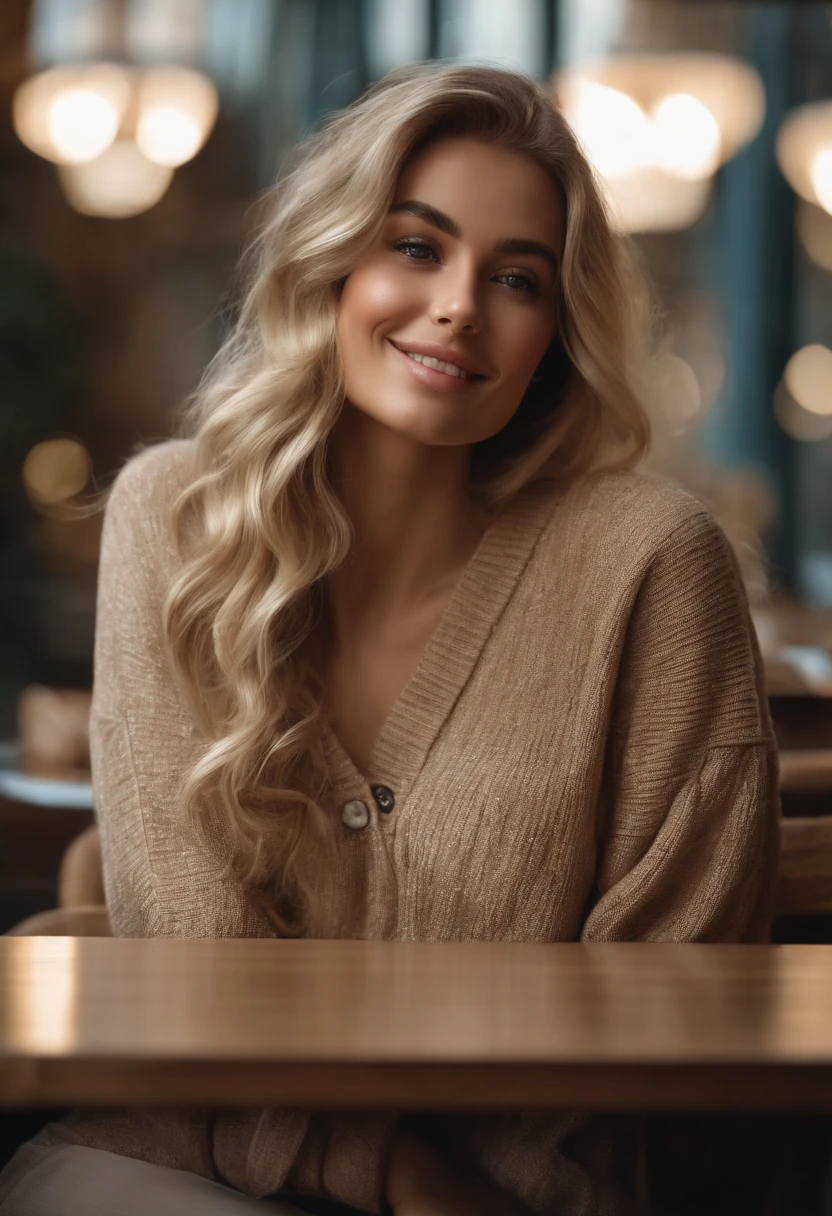 A woman sitting at a table with a cup of coffee - SeaArt AI