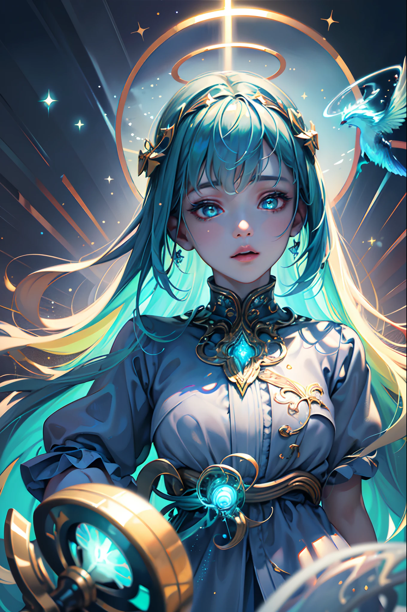 ((best quality)), ((masterpiece)), ((realistic)), portrait,
1girl, celestial, deity, goddess, light particles, halo, looking at viewer,
(bioluminescent:0.95) ocean, bioluminescent, vibrant, colourful, color, (glowing, glow),
(beautiful composition), cinematic lighting, intricate, (symmetrical:0.5), whimsical,