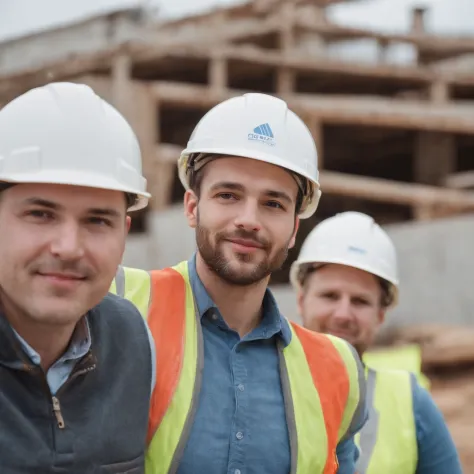 Selfie de homem europeu bonito com olhos azuis e cabelo castanho:: On a tour of a construction site with an engineer's helmet
