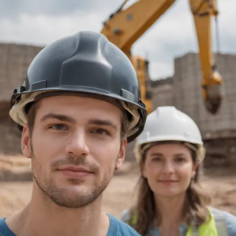 Selfie de homem europeu bonito com olhos azuis e cabelo castanho:: On a tour of a construction site with an engineer's helmet