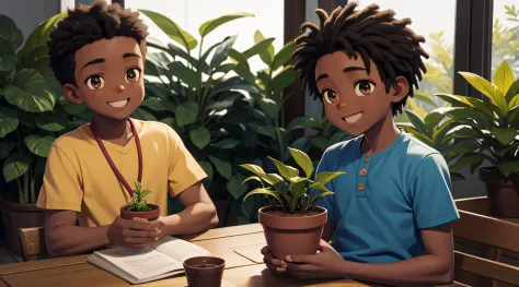 African boy, calm and happy, holding a small potted plant
