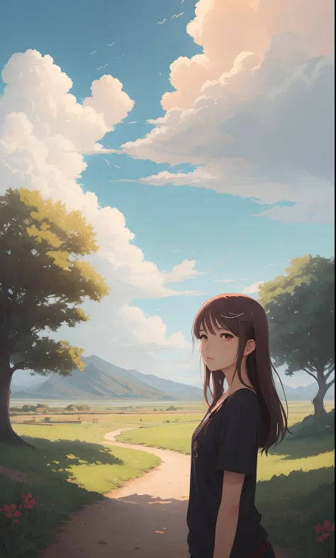 Portrait of cute girl, cloudy sky background lush landscape illustration concept art anime
