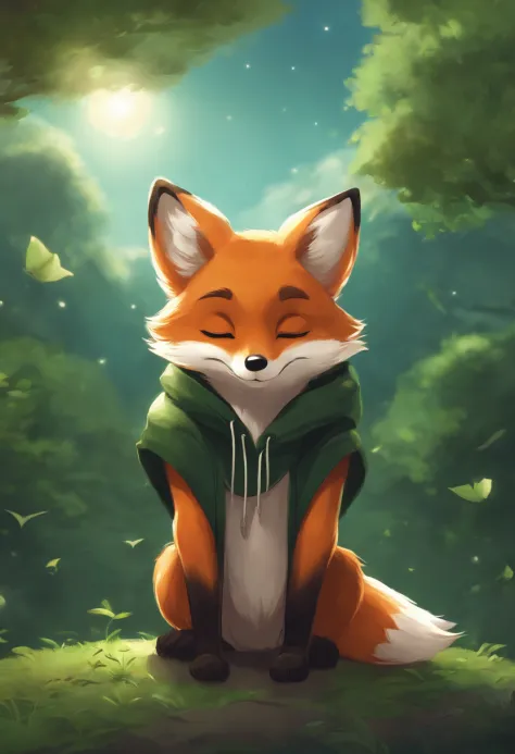 A cute little fox with green eyes and a black hoodie with fox ears coming through the hood. The picture looks like the work of the Makoto Shinkai. the fox is sitting in the sky on top of one cloud, the fox has his eyes closed and is happy. Fox is far in th...
