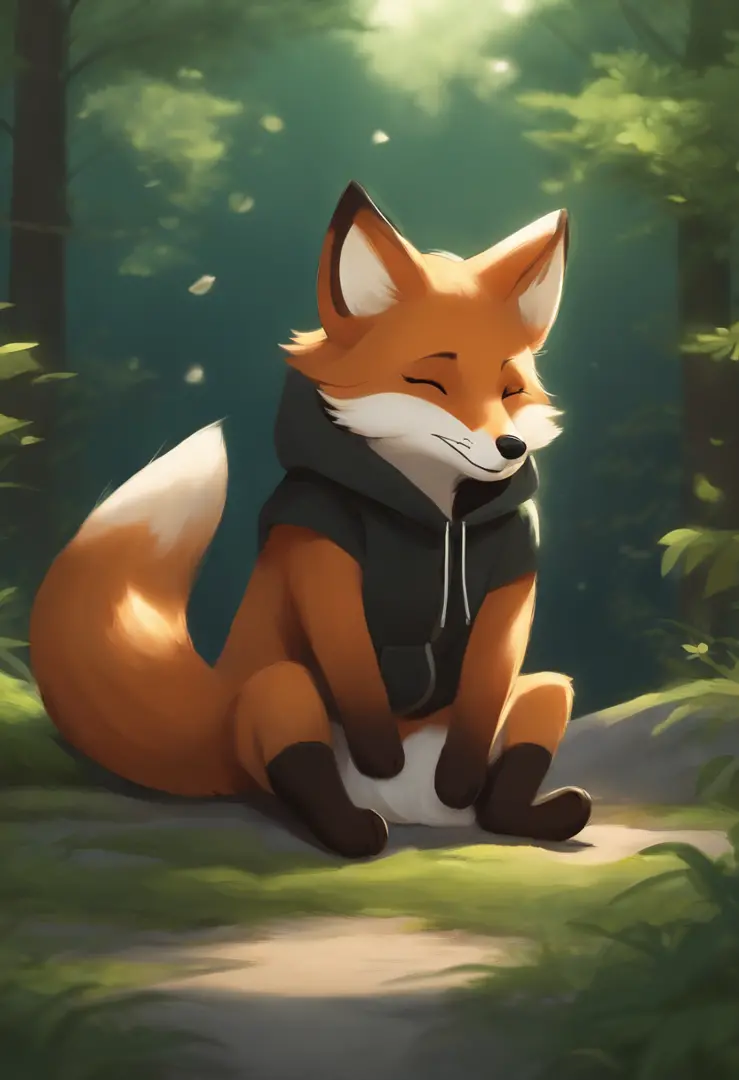 A cute little fox with green eyes and a black hoodie with fox ears coming through the hood. The picture looks like the work of the Makoto Shinkai. the fox is sitting in the sky on top of one cloud, the fox has his eyes closed and is happy. Fox is far in th...