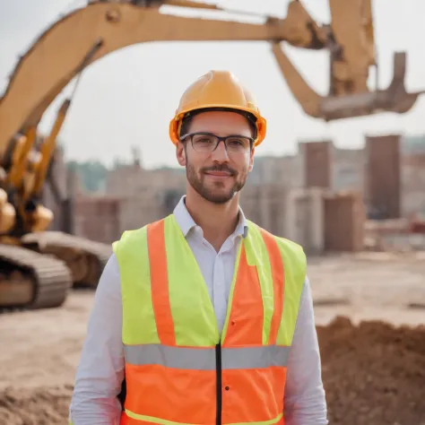 Worker with hard hat and safety vest on a construction site with buildings under construction and construction machinery in the back (imagem 4k)