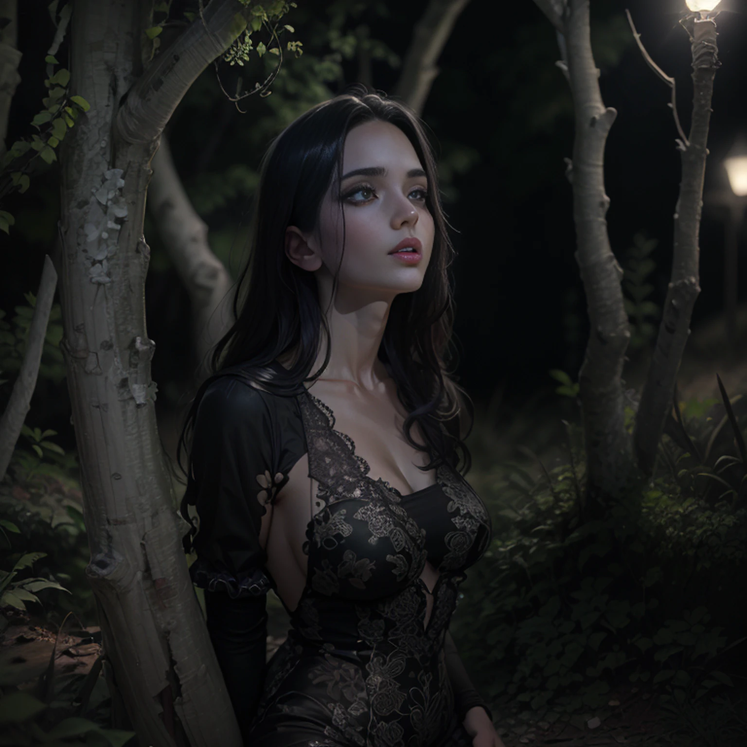 a young woman in evening style, (jennifer connely), featuring (long, blackw) hair and (Pale, fair) Skinned. She has large (seducer, mesmerizing) (rot) eyes and (Sharp, ass visible) vampire fangs. she is wearing a (Shape adjustment, Cramped) corset dress in (rot e blackw) colors. The scene takes place in a (frightful, weirdcore) graveyard (at night) under a (Filled) moonligh.