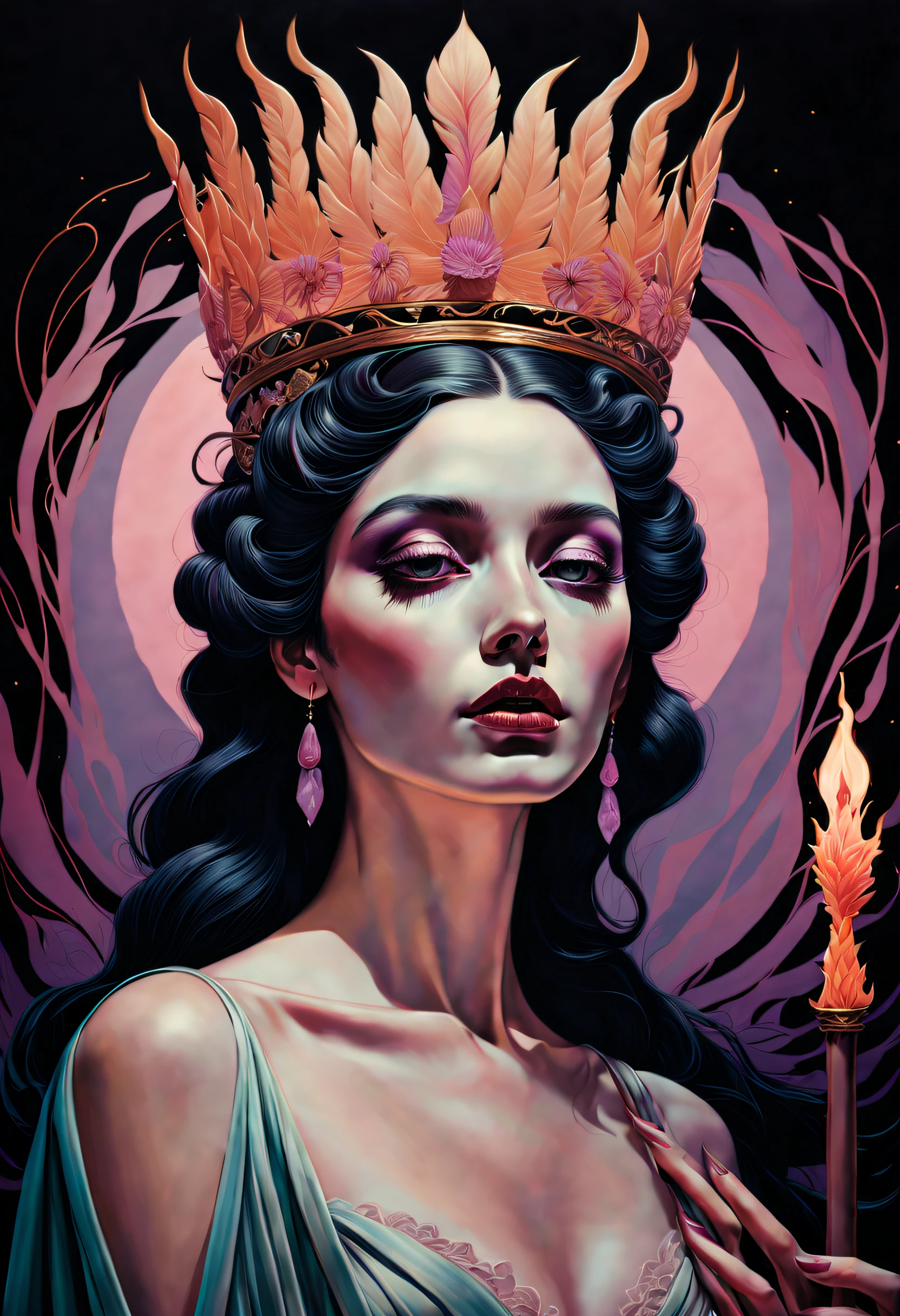 technique du clair-obscur sur l&#39;illustration sensuelle d&#39;une reine des baguettes, reine vintage, sinistre, Peinture mate, par Hannah Dale, par Harumi Hironaka, couleurs extrêmement douces, une touche de pastel, vibrant, très détaillé, oeuvre numérique, Contraste élevé, Spectaculaire, raffiné, tonal, la plus haute qualité，anatomie correcte，ultra grand angle，profondeur de champs,