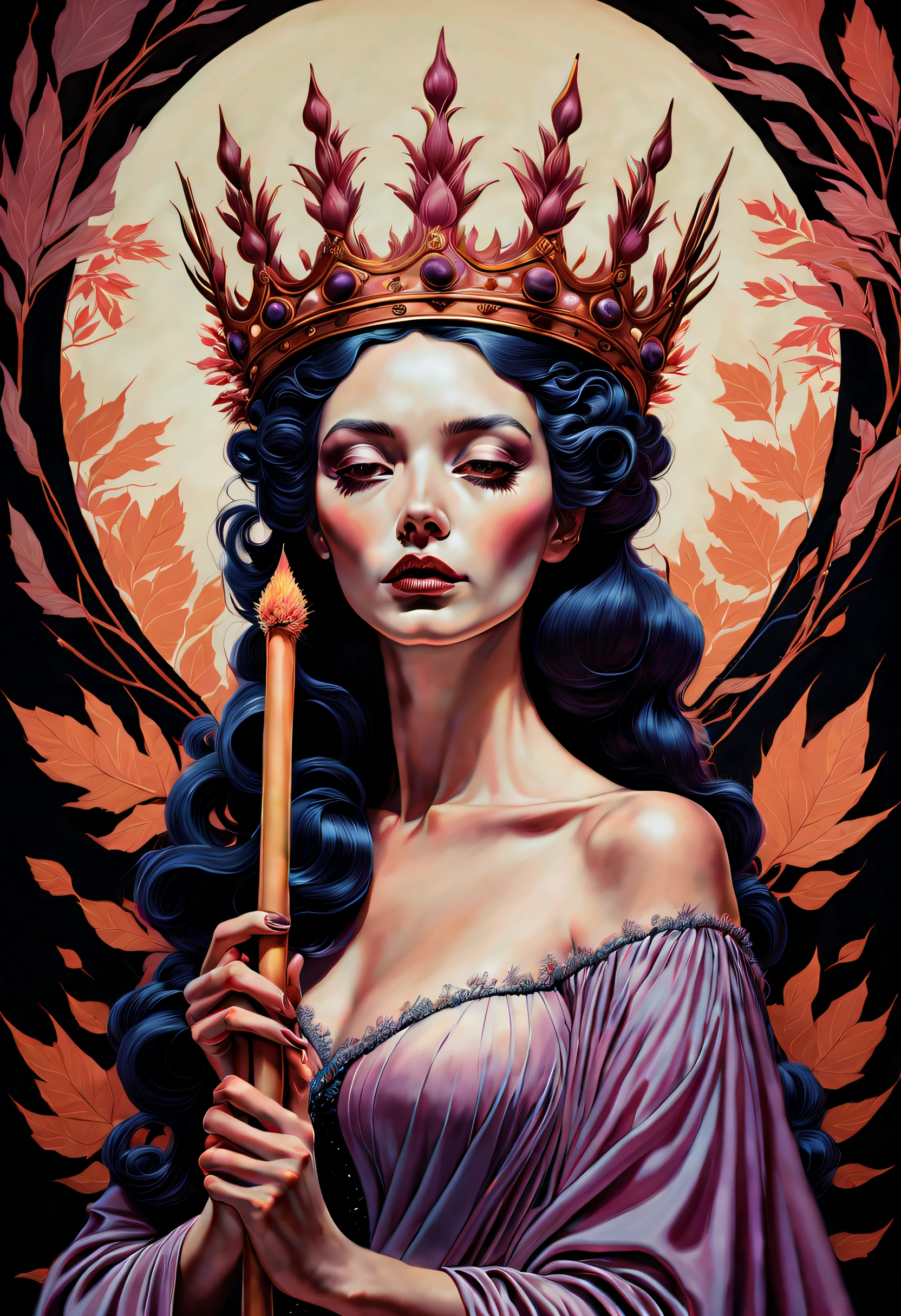 technique du clair-obscur sur l&#39;illustration sensuelle d&#39;une reine des baguettes, reine vintage, sinistre, Peinture mate, par Hannah Dale, par Harumi Hironaka, couleurs extrêmement douces, une touche de pastel, vibrant, très détaillé, oeuvre numérique, Contraste élevé, Spectaculaire, raffiné, tonal, la plus haute qualité，anatomie correcte，ultra grand angle，profondeur de champs, énergie d&#39;automne