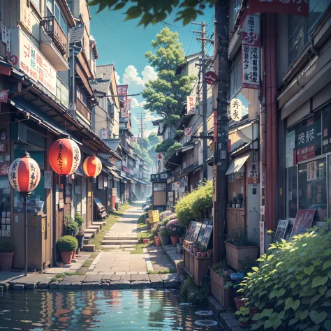 urban Japanese street next to stream of water, traditional Japanese lantern, (no one: 1), no one in sight, no people, best quality, anime, anime style, lofi, calm, row of building next to river, urban Japanese street next to stream of water, traditional Ja...