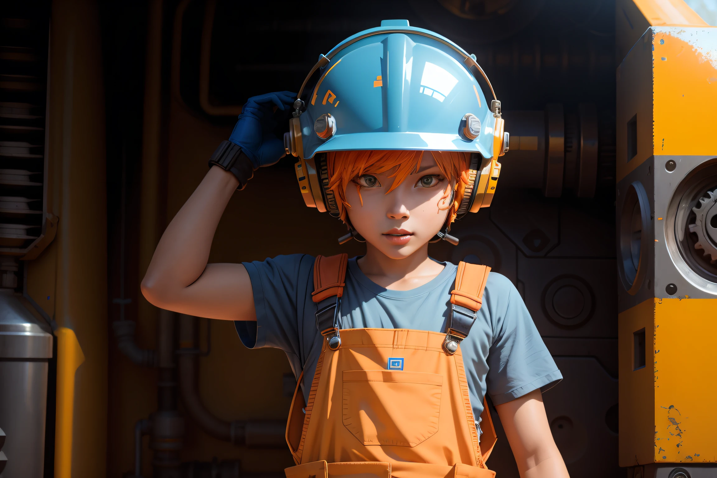 Ingeniero mecánico alienígena, orange skin, mono azul, casco en la cabeza con diversos dispositivos mecánicos