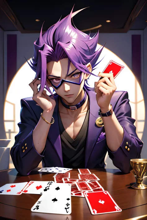 Altamente detalhado, a man in a purple suit holding scissors, attractive magic man, playing cards, character, anime image, white mask,full art, official character art, official character illustration,alta qualidade, obra-prima, bonito, PlayingCards, 1boy, ...