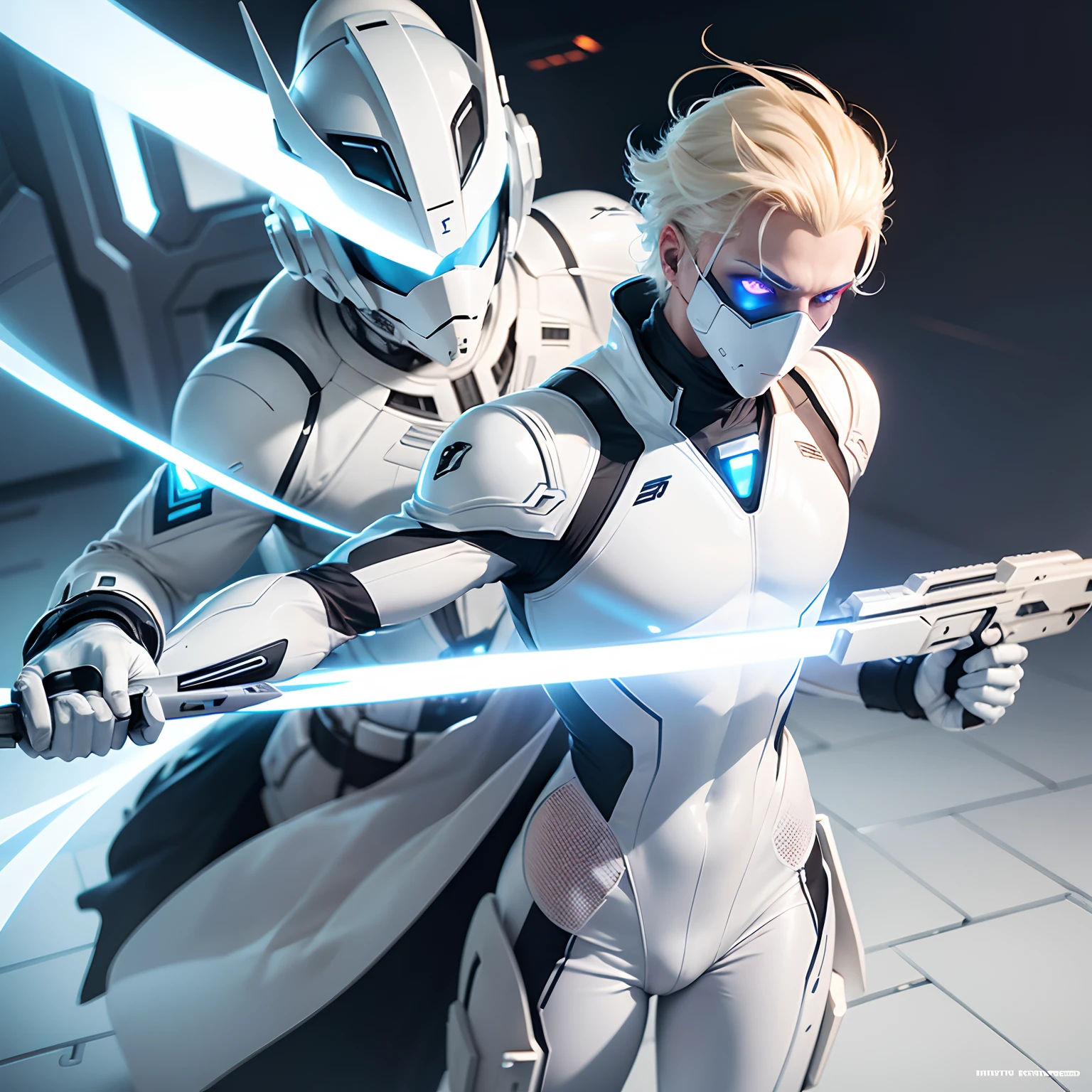 futuristic, sci fi)Male in all white body suit, blonde hair, white gloves,  full body suit - SeaArt AI