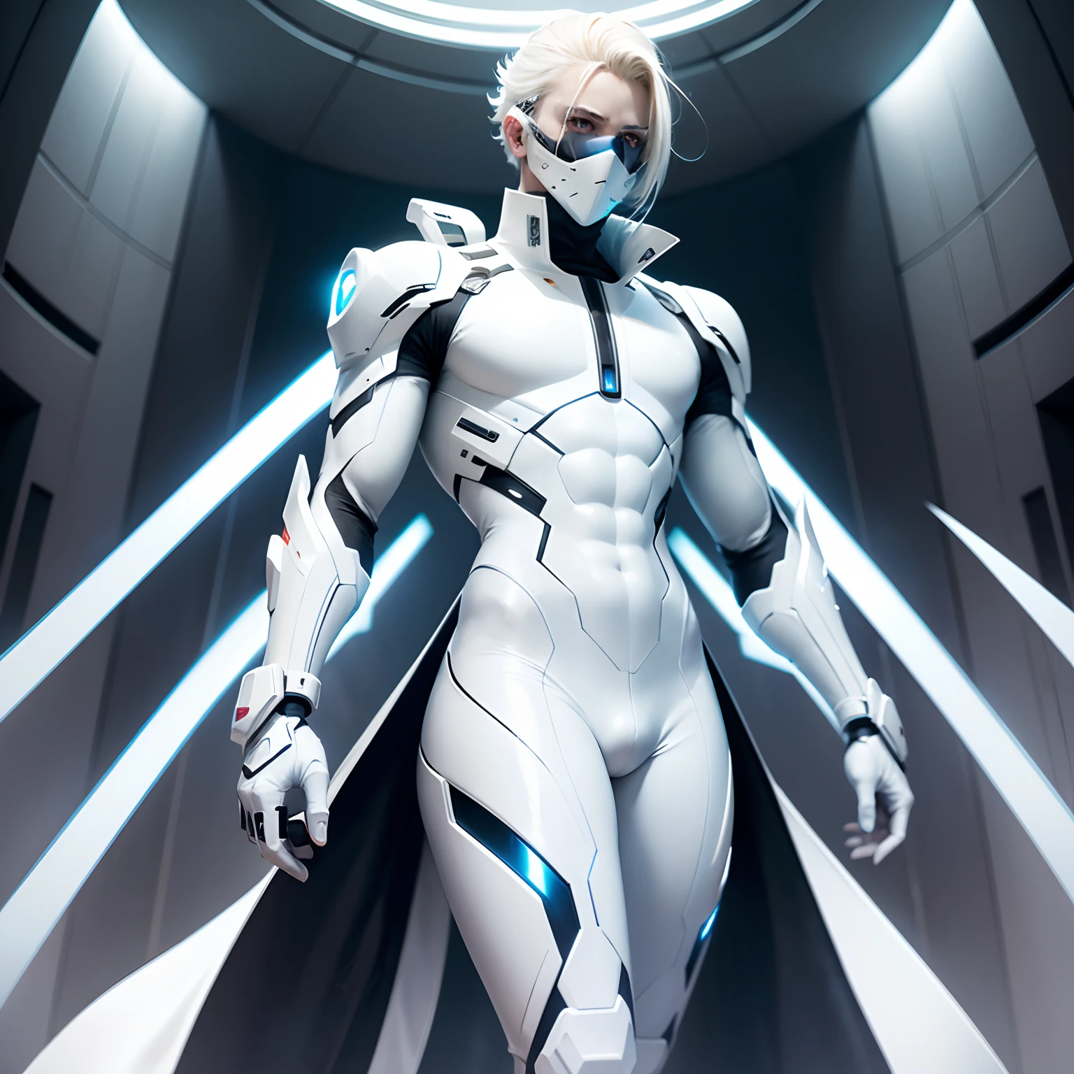 (futuristic, sci fi)Male in all white body suit, blonde hair, white glove, full body suit, hands visible, hair visible, pale skin, beautiful face, masterpiece, white futuristic mask covering mouth, eyes visible, evil intent, weapon in hand, weapon visible