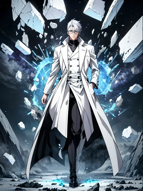 white haired anime boy, BEAUTIFUL, STYLISH satoru gojo, tall, muscular, wearing a thick black torn overcoat, collar covering his...
