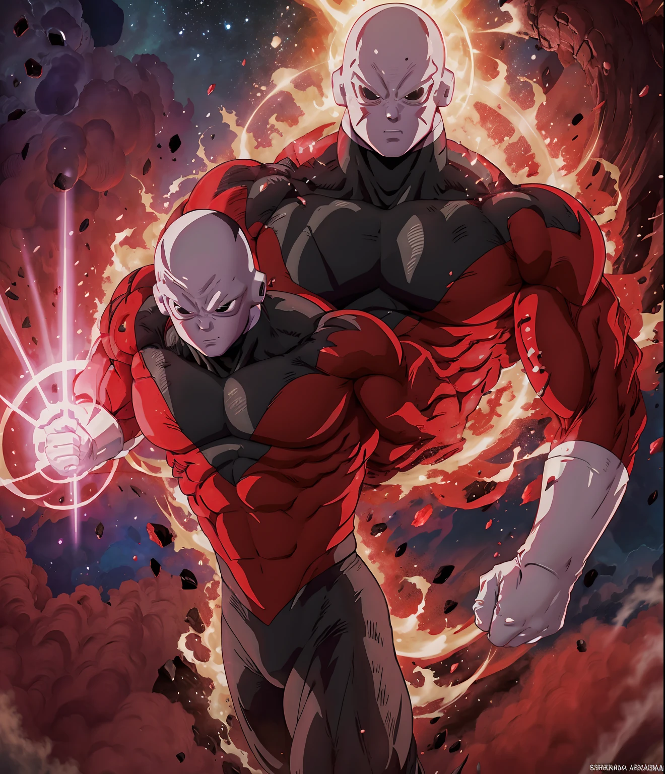 JIRÈN)), un gros plan d'une personne dans une tenue rouge et noire, un  anime épique d'un homme énergétique, se transformer en sa forme finale,  corps avec de la lave noire et rouge -