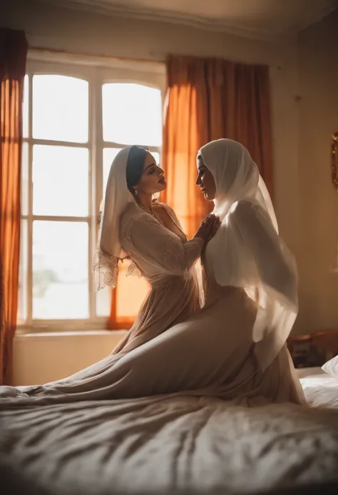 Bride and maid sitting on bed in front of window in room - SeaArt AI