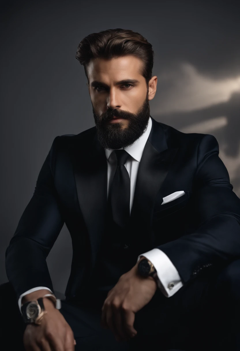 en haut、Faire un bel homme noir de 30 ans face camera, (Utilisez une barbe,) Attractive and serious look, cheveux noirs courts, Elegant and elegant, Shave Tightly Fitting in Suit and Strong Body, (highly quality, Realistic images), Dark and light black on image background, Style de film, ((premier quality, 8k, шедевр), Ultra High Definition Photo, (Beautiful detailed faces, detail skin texture, Hyperdetailed body:1.1)