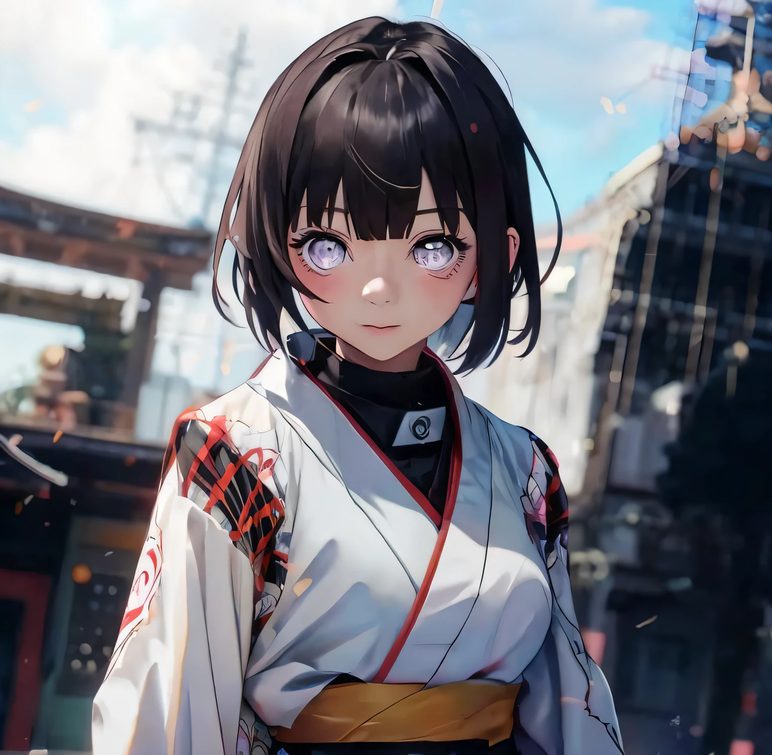 Anime girl in kimono outfit standing in front of a building, estilo anime 4K, personagem de anime feminino, menina anime jovem, visual anime de uma menina bonito, estilo anime. 8k, uma garota de anime, personagem de anime, garota anime naruto, arte digital estilo anime, Retrato de uma garota de anime, arte digital do anime naruto, arte naruto anime, personagem estilo anime, olhos brancos