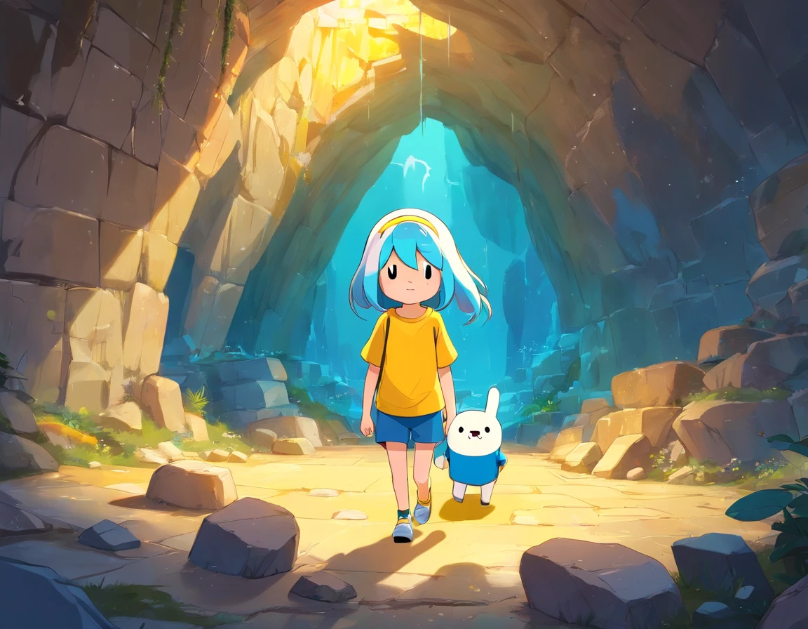 (adventure time), (best quality,4k,highres), (realistic:1.37), (anime:1.1), (detailed:1.1), (vivid colors), (fantasy), (cave:1.1), (white), (boy), (blue hair), (with rabbit ears), (yellow cold blouse), (caramel-colored dog), (large eyes), (gorgeous), (illustration), (mystery), (excitement)