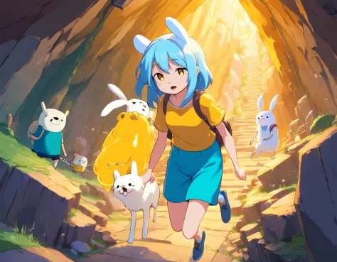 (adventure time), (best quality,4k,highres), (realistic:1.37), (anime:1.1), (detailed:1.1), (vivid colors), (fantasy), (cave:1.1), (white), (boy), (blue hair), (with rabbit ears), (yellow cold blouse), (caramel-colored dog), (large eyes), (gorgeous), (illu...