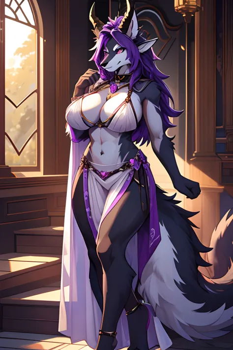 female furry, female anthro, sexy, hellhound anthro, hellhound furry, purple fur, detailed fur, long horns on head, horns, large breasts, full body, fursona commission, fit body, high detail, slim, solo, anatomically correct, purple and black fur on torso,...