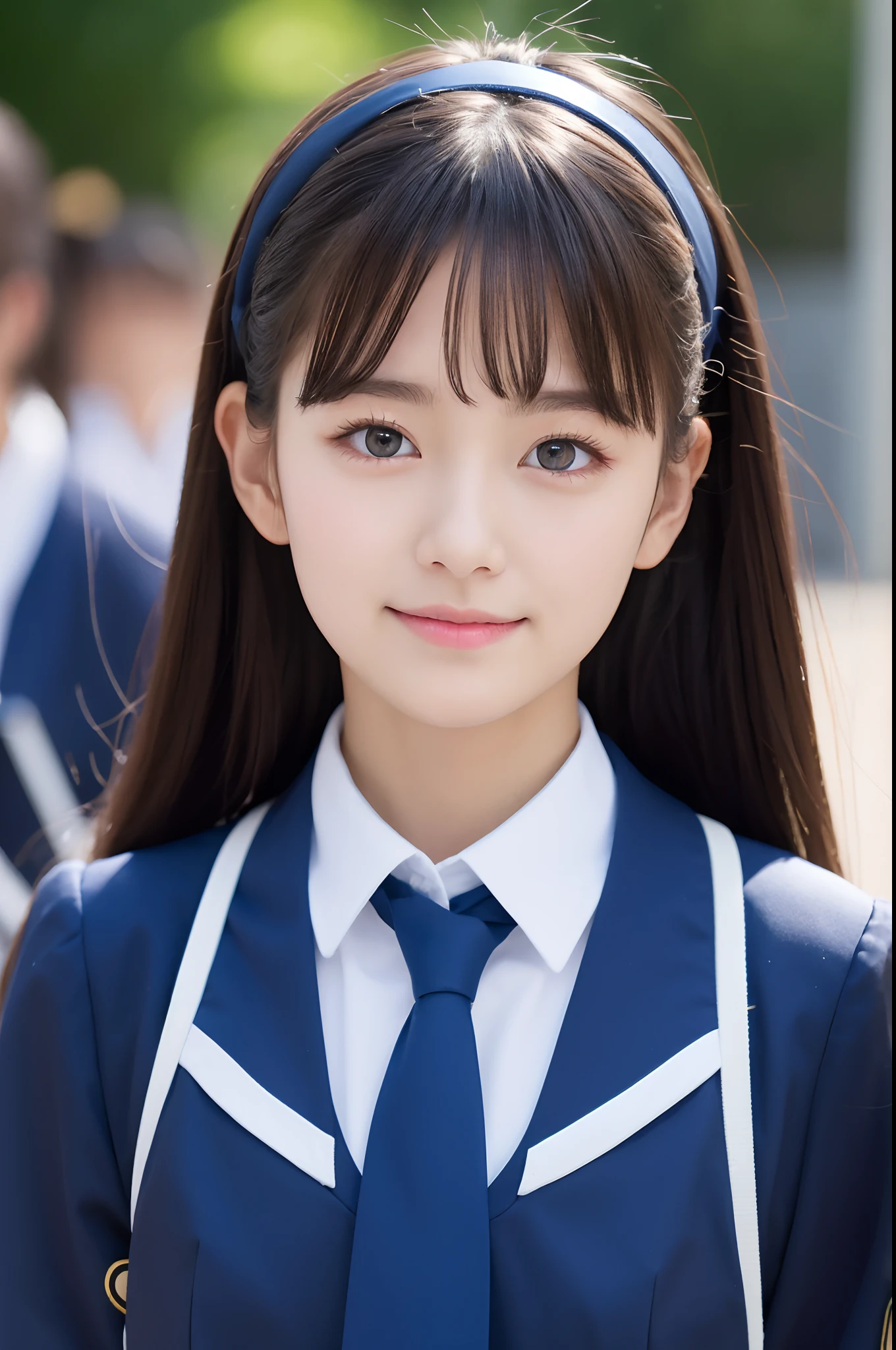 Raise the corners of your mouth　Beautiful schoolgirl in 8K in summer cute uniform with double eyelids　up of face　A dark-haired, 18 yr old