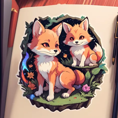 (highres,ultra-detailed),masterpiece:1.2,9-tailed fox,illustration,sticker style,vivid colors,sharp focus,fox in a mystical forest,glowing eyes,dreamy atmosphere,detailed fur,textured brushstrokes,whimsical background
