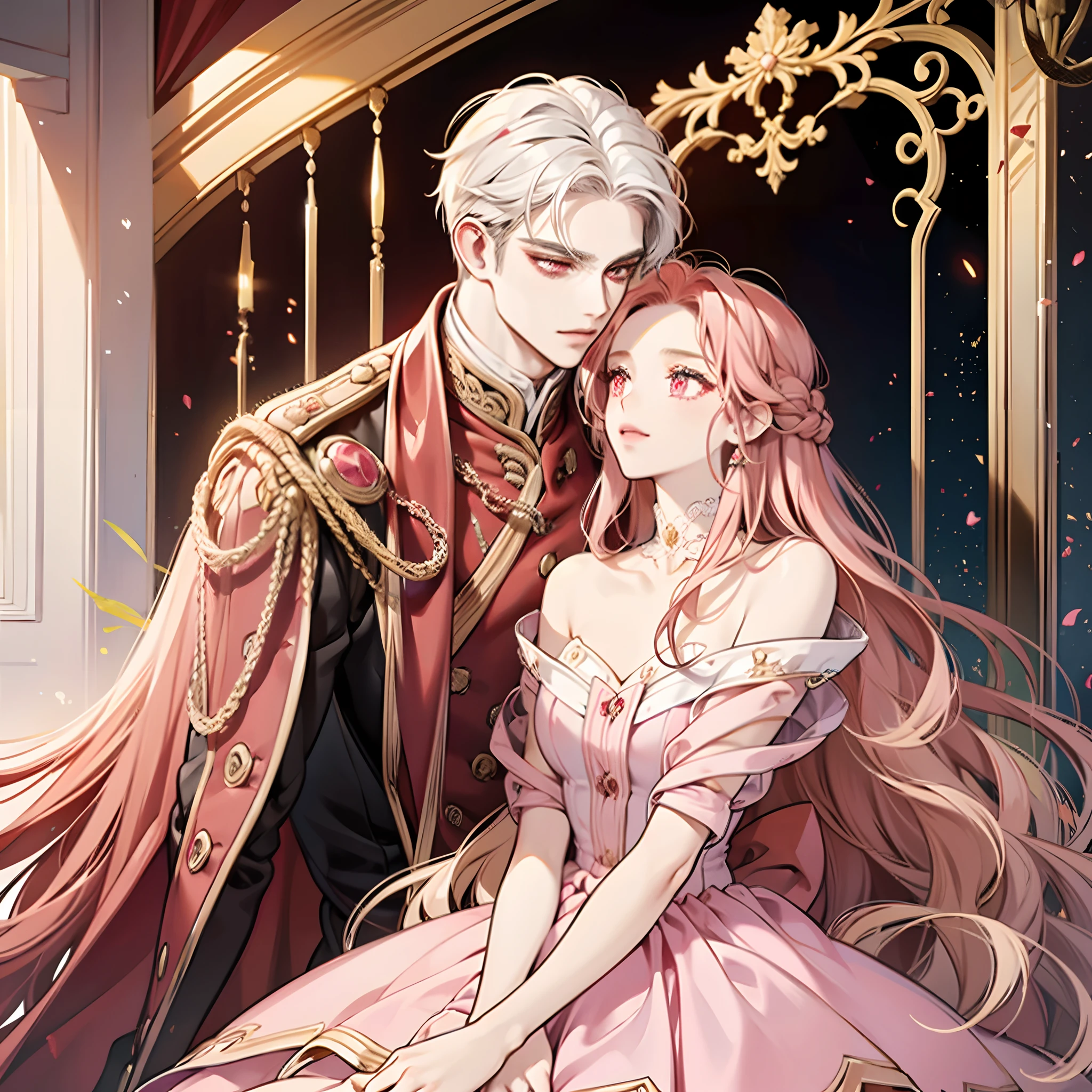 1 man with long straight red hair and golden eyes hugging 1 woman with wavy white hair and pink eyes, royalty, elegant, high quality, highly detailed, detailed face, masterpiece, standing