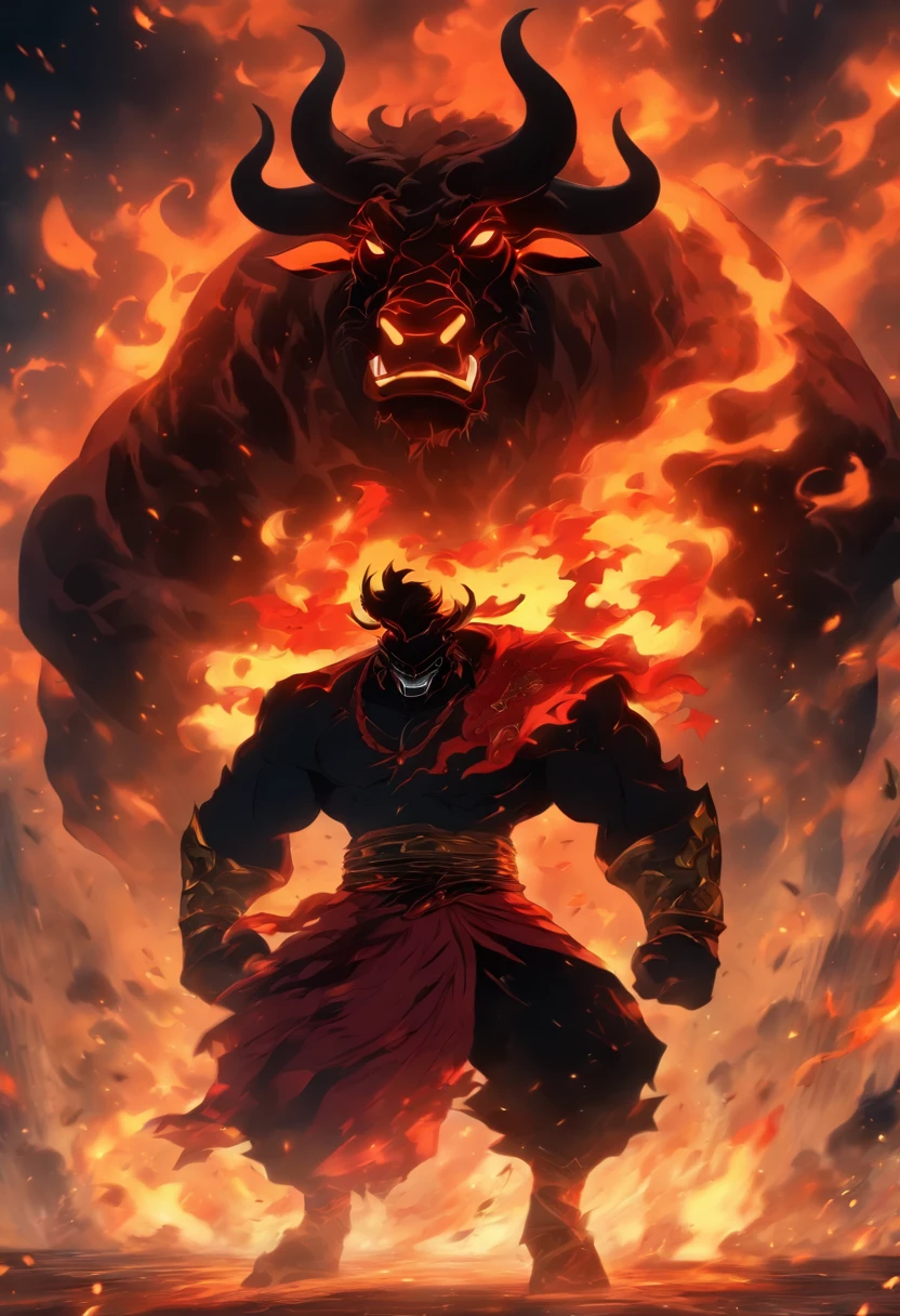 A toreador next to a fiery black bull rearing up poses in a dark, epic ...