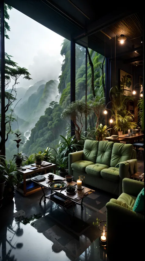 Sala de estar com vista para uma montanha e uma floresta, mountainous jungle setting, jungle setting, Como uma cena de Blade Run...
