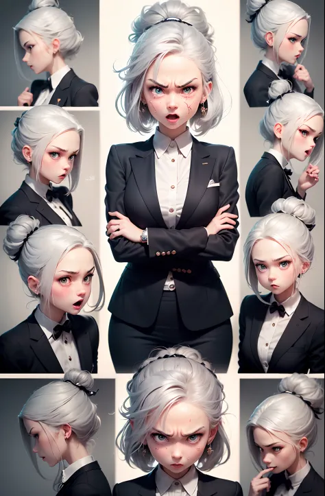 (Office worker, anime style character, Emoji pack), (silver hair, old lady, wearing suit:1.3)，(emoji design sheet)，Align arrange...