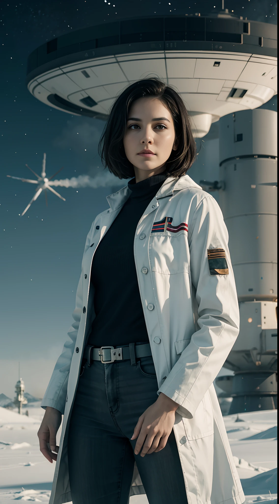 Ring World,Science Fiction,Sci-Fi Movies,Artillery, medium-Range Missiles,Based on the movie Foundation ,Woman,Adult,Protagonist,28 years old,hopeful face,brown eyes,short hairstyle,black hair with white gray,scientist uniform,white researcher coat,open meadow,rebel,chaotic,future world,world of socialism,snow,chaos