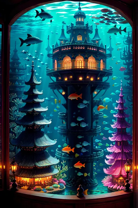 A living underwater city, illuminated by bioluminescent corals and aquatic plants, where fish of all kinds swim gracefully around. In the city center there is a huge, ornate shell throne adorned with pearls and shell jewellery, surrounded by colorful fish,...