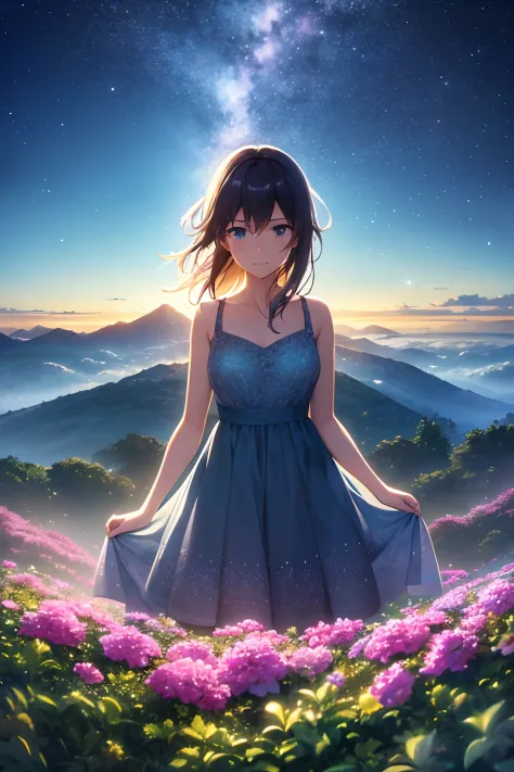 A beautiful princess in a dress watering colorful flowers on a planet. background, mountainous landscape in pastel tones. The lighting is soft and dreamlike. The 3D rendering quality is extremely detailed and realistic at 8K resolution.", eye, Close up, Be...