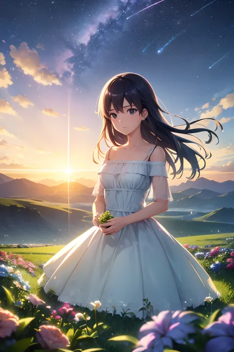 A beautiful princess in a dress watering colorful flowers on a planet. background, mountainous landscape in pastel tones. The lighting is soft and dreamlike. The 3D rendering quality is extremely detailed and realistic at 8K resolution.", eye, Close up, Be...