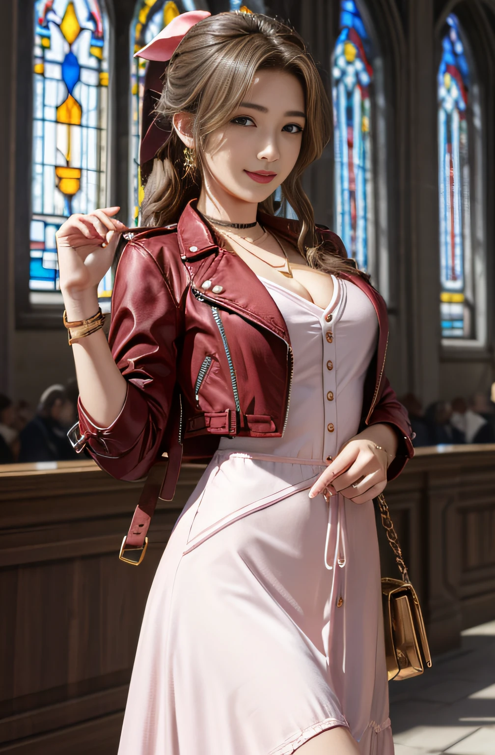 dessus de la table, Meilleure qualité, grande résolution, ygo, ultra-détaillé, grande résolution, fond d&#39;écran CG Unity 8k très détaillé, œuvre d&#39;art parfaite, silhouette féminine parfaite, 1 fille dans, Aerith Gainsborough, collier ras du cou, veste courte, arc de cheveux, Bracelet, Robe rose, voir le spectateur, léger sourire, à l&#39;intérieur, vitrail, Jardin de fleurs,poitrine modérée、Détails Maquillage des yeux