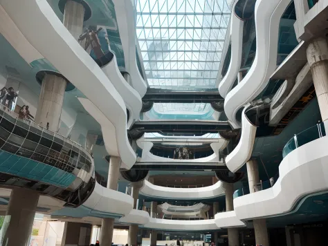 there is a large atrium with a glass ceiling and a lot of people, on a futuristic shopping mall, atrium, abandoned shopping mall, inside building, mall, futuristic government chambers, in magnificent shopping mall, inside the building, futuristic hall, sho...
