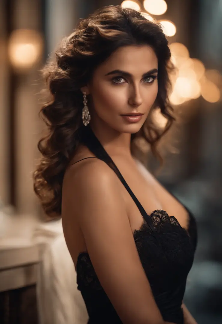 (Focus on the chest:1), Poster photo, Charming Sicilian goddess, (Beautiful face:1.3), Detailed eyes, lusciouslips, （d-cup breasts:1.0），Black lace bodice，（cleavage 1.3），Wavy hair，cinmatic lighting，gentlesoftlighting， 8K, High-density imaging，Master masterp...