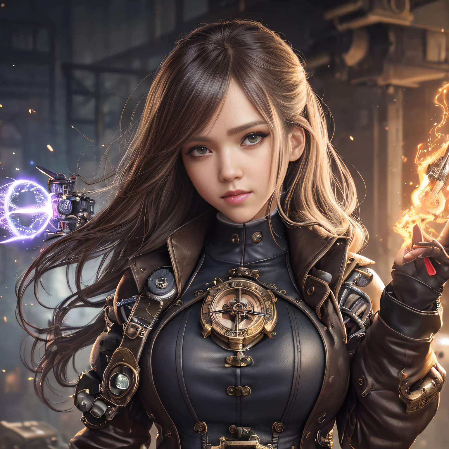 Jessica Alba, (absurdres, highres, ultra detailed), 1woman, mature female, aged, long wavy hair, split-colored hair, heterochromia, bangs, long sleeves, finely detailed eyes and detailed face, extremely detailed CG unit 8k wallpaper, intricate details, (style-rustmagic: 0.8), (medieval cyborg: 0.8), portrait, (bloody wounds:0.7), looking at the viewer, solo, half shot, detailed background, (steampunk theme:1.1) determined expression,  technomancer dark couds, floating lights, colorful leather vest with gears, techwear, jetpack, workshop in the background, machines, gears, steam, industry, technology, oven, dirt, anvil, buttons, levers, automaton, electricity, electric sparks epic atmosphere,, portrait