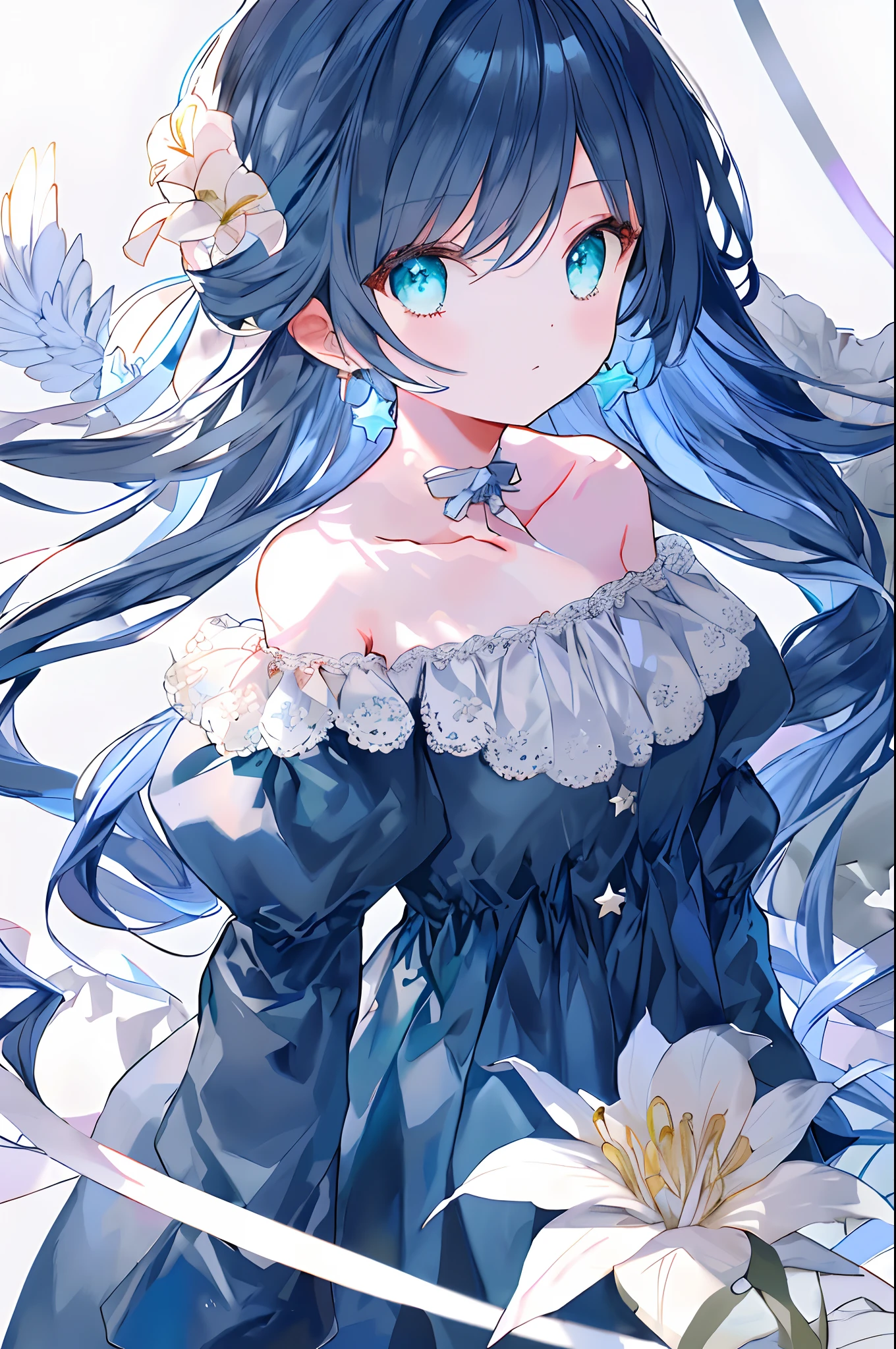 (Masterpiece, high-detailed, ultra resolution, clear, soft art) (looking at the side, looking at the left:1.3), 1girl, solo, standing, upper-body, face only, close-up, light aqua hair, aqua eyes, , (colored inner hair, dark blue hair:1.2), long hair, wavy hair, hime cut, straight hair, sidelocks, black shirt, high collar, open collar, collarbone, simple background, white background, boring background, star in the eyes