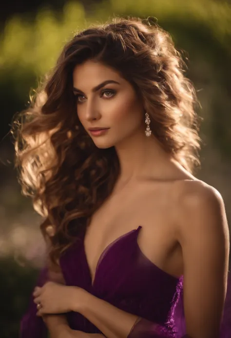 (Focus on the chest:1.2), Poster photo,（ Charm of Sicily Goddess 1.3）, (Beautiful face:1.3), Detailed eyes, lusciouslips, （d-cup breasts:1.2），Purple tulle pajamas，（（cleavage 1.4）），Wavy hair，cinmatic lighting，gentlesoftlighting， 8K, High-density imaging，Mas...