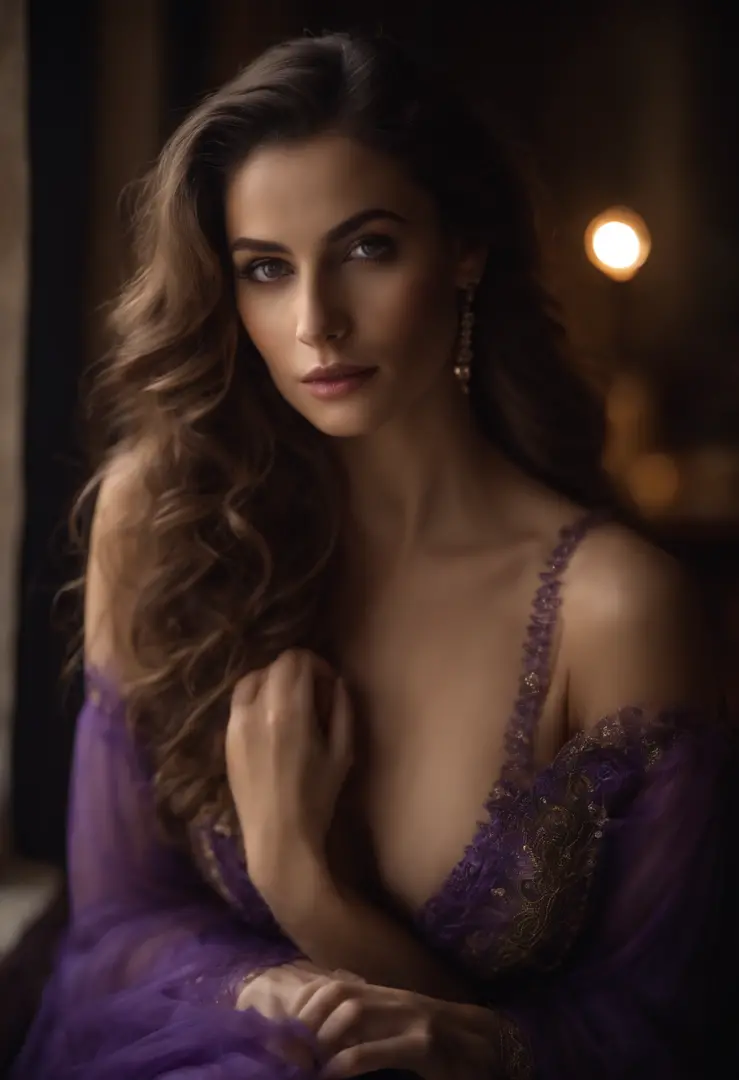 (Focus on the chest:1.2), Poster photo,（ Charm of Sicily Goddess 1.3）, (Beautiful face:1.3), Detailed eyes, lusciouslips, （d-cup breasts:1.2），Purple tulle pajamas，（（cleavage 1.4）），Wavy hair，cinmatic lighting，gentlesoftlighting， 8K, High-density imaging，Mas...