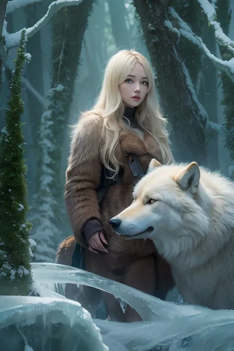 Blonde girl in the ice forest，Next to it is a large brown wolf.