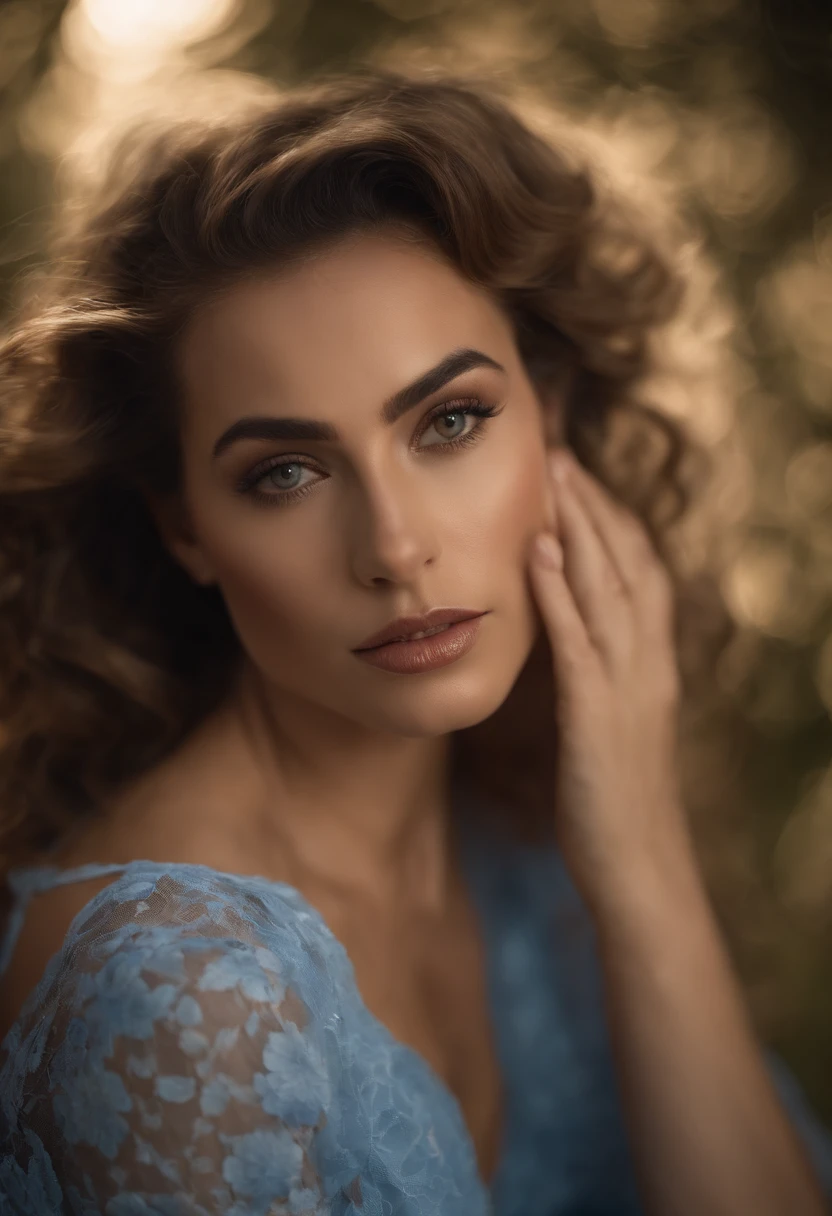 (Focus on the chest:1.2),Magazine photo,（ Sicilian Goddess 1.3）, (The ultimate beautiful face:1.3), Detailed eyes, lusciouslips, （D-cup bronzed breasts:1.2），Blue tulle pajamas，（（cleavage 1.4）），Wavy hair，cinmatic lighting，gentlesoftlighting， 8K, High-density imaging，Master masterpieces