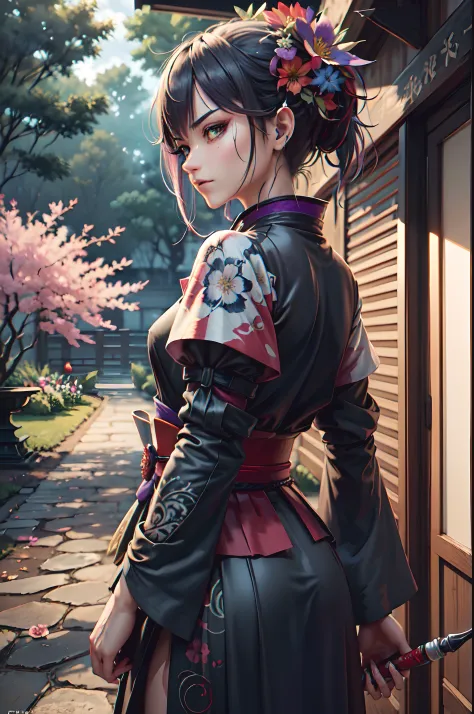 ((shiki)), incredibly detailed illustration, good-looking girl samurai, cara digna e fria, stunning beautiful piece of art, de b...