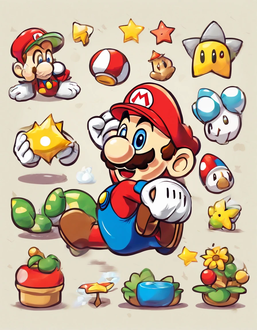 Una caricatura de un personaje de mario bros rodeado por otros personajes  de mario bros - SeaArt AI