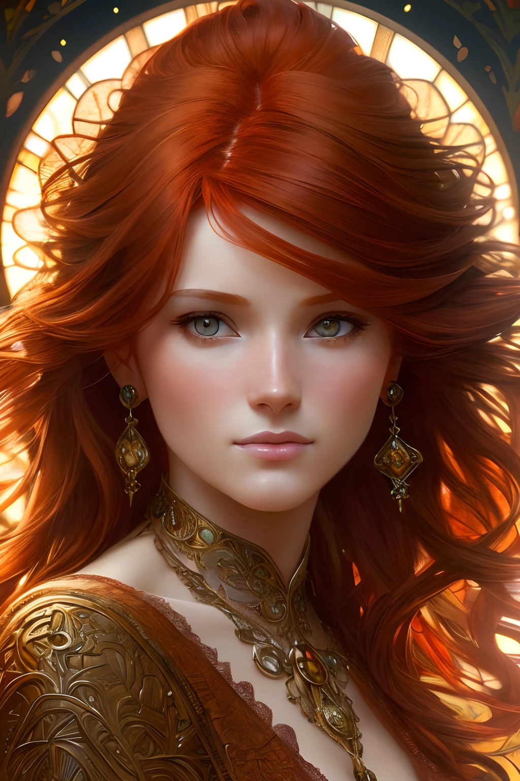 model style, (extremely detailed cg unity 8k wallpaper), full image of the most beautiful piece of art in the world, ((redhead (((woman))) from 40s)), popular on artstation, popular in cgsociety, intricate, detailed , sharp, dramatic, photorealistic paintings. Manzanedo, author (Alphonse Mucha), Gaston Bussière