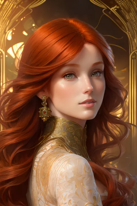 model style, (extremely detailed cg unity 8k wallpaper), full image of the most beautiful piece of art in the world, ((redhead (((woman))) from 40s)), popular on artstation, popular in cgsociety, intricate, detailed , sharp, dramatic, photorealistic painti...