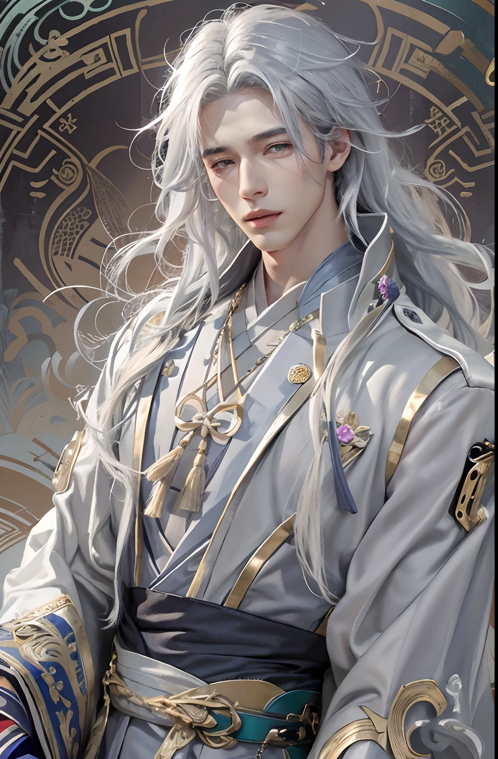 photorealistic, high resolution, 1boy, solo, super model handsome,1.1, hips up, look at viewer, (detailed face), gray white hair, long hair, Taoist robe,oversized clothes